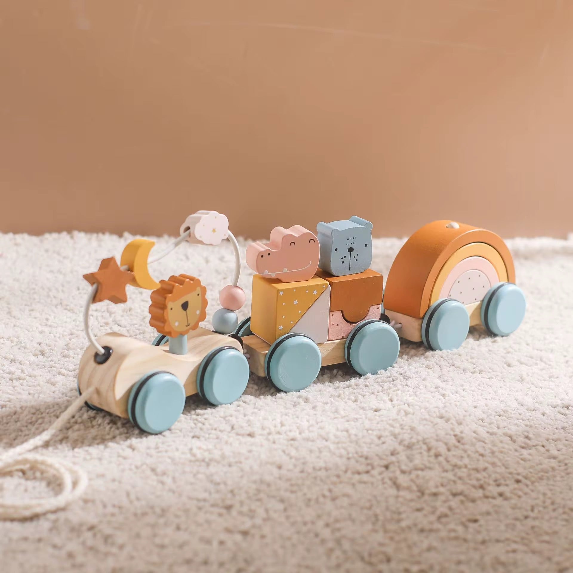 Montessori Holz-Zug zum Nachziehen – Safari-Tiere & Regenbogen zum Spielen & Lernen 🚂🌿