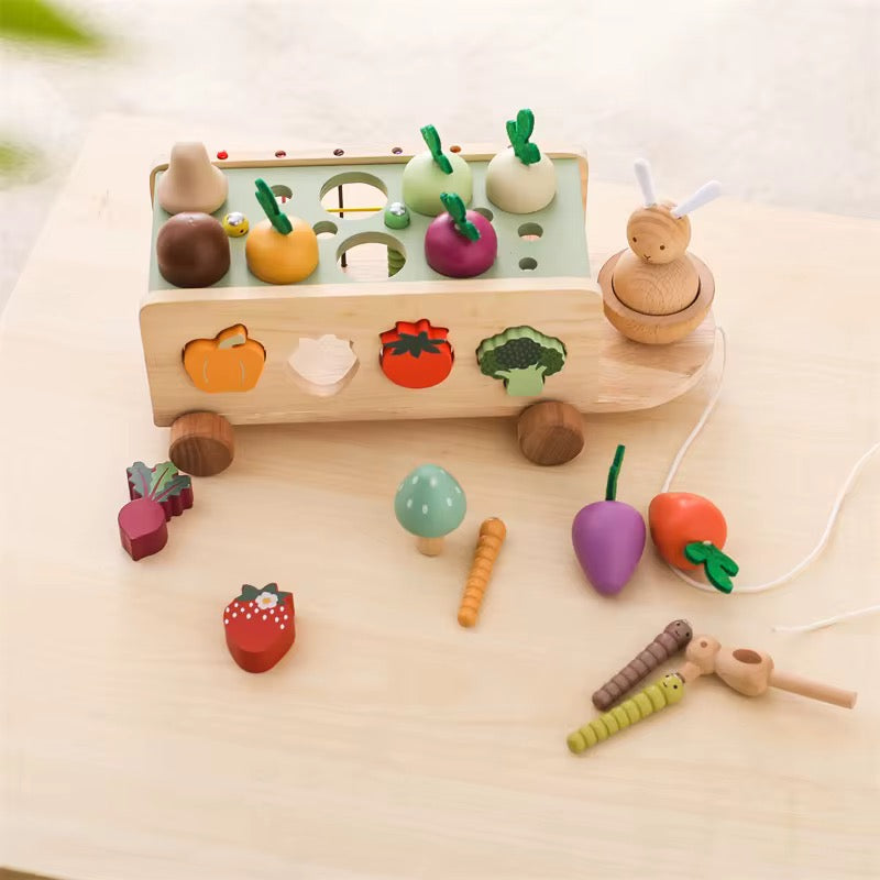 Montessori Nachziehwagen Gemüsezug aus Holz